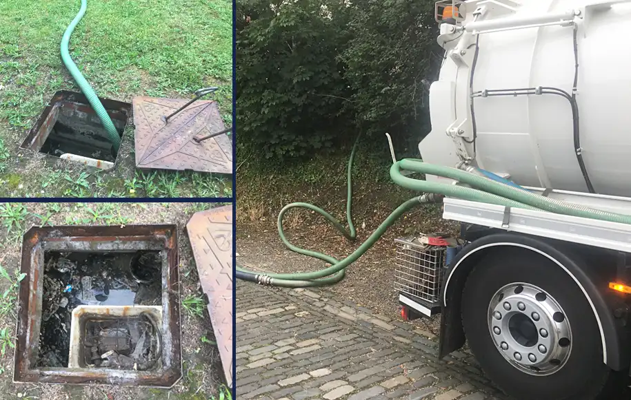 Vacuum tanker emptying a cesspit and removing sewage, wastewater and sludge through a suction hose.