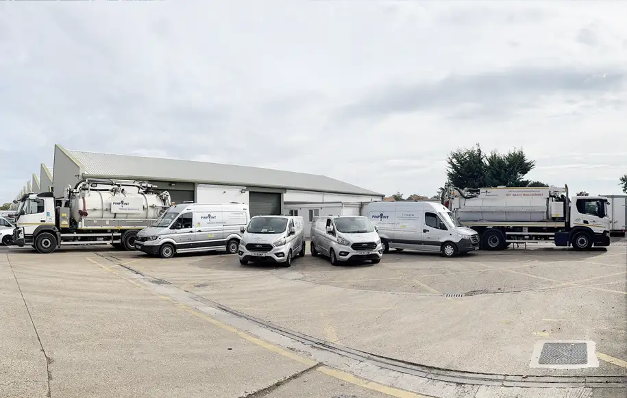 Pinpoint Drainage Services fleet including vacuum tankers, drainage vans and specialist waste management vehicles.