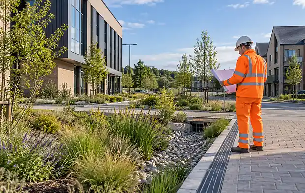 Drainage engineer inspecting sustainable drainage systems (SuDS) and surface water management features at a modern development in London..