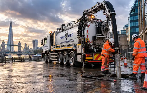 Pinpoint Drainage HGV Jet Vac and drainage engineers carrying out combination jetting work in London