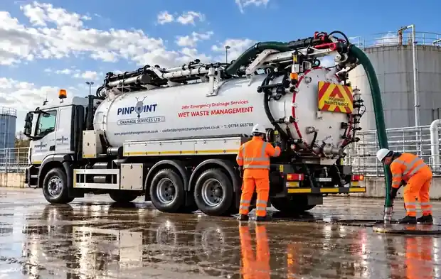 Pinpoint Drainage vacuum tanker carrying out liquid waste removal at an industrial site in London