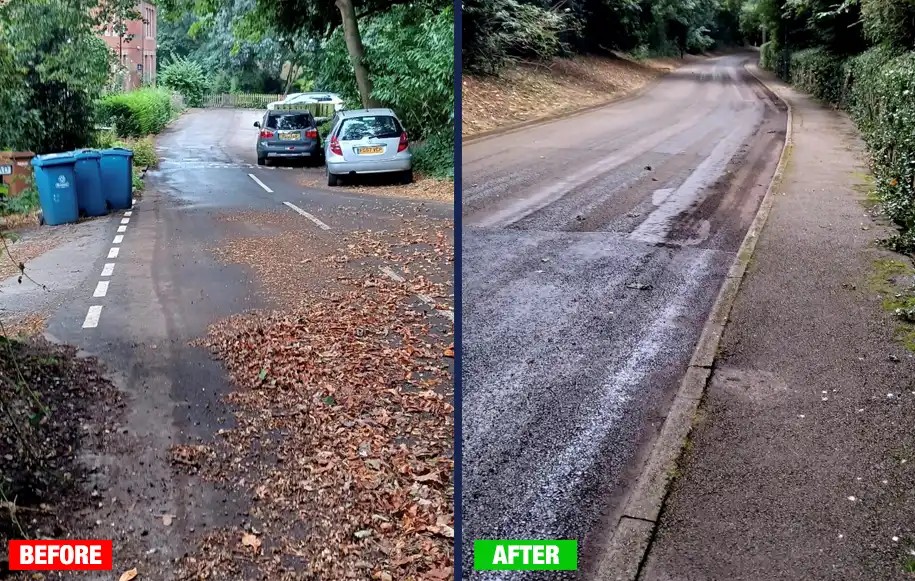 Before and after street cleaning showing the removal of leaves, silt and debris from a residential road.