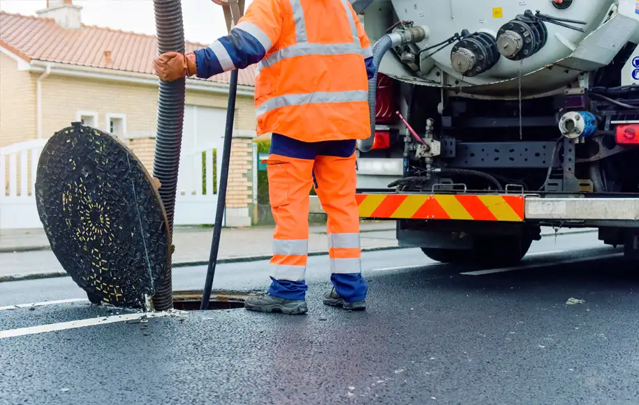 Drainage operative using a vacuum tanker to clean a roadside gully and remove silt, debris and standing water.