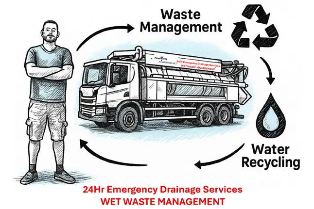 Illustration of Steven Cummings, Managing Director of Pinpoint Drainage Services, alongside a specialist vacuum tanker showing the collection, transportation, waste management and water recycling cycle.